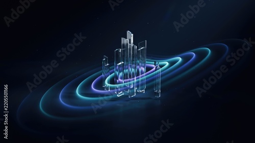 Abstract Crystal Structure, Glowing Neon Rings, Futuristic Design, Digital Art, Sci-Fi Illustration, Technology Concept.