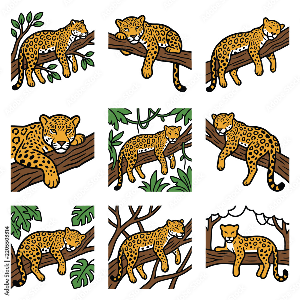 Obraz premium Jaguar animal poses tree illustration set jungle nature