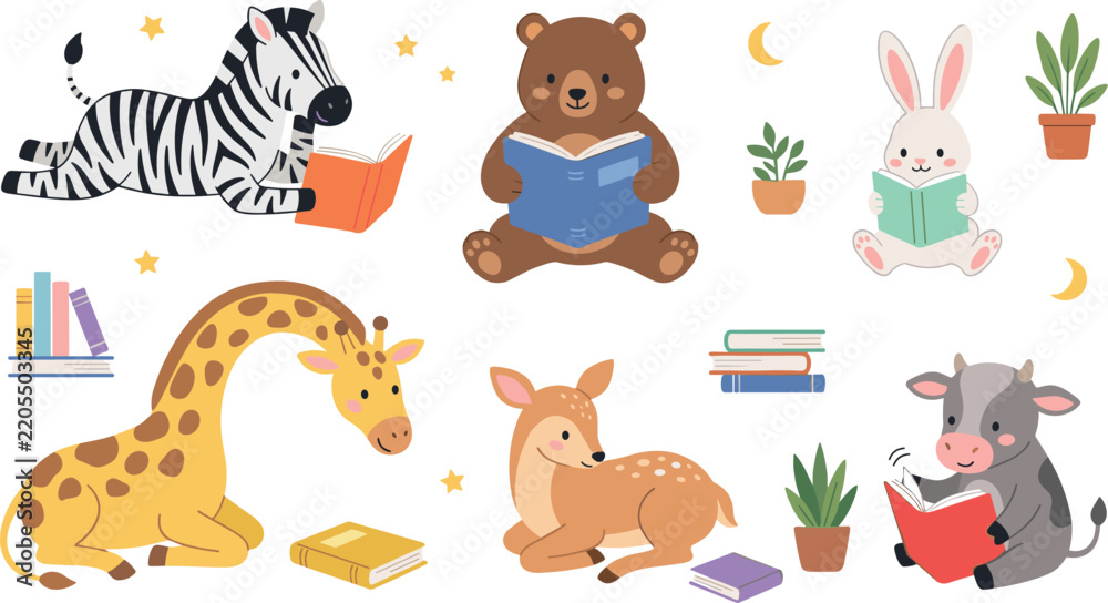 Obraz premium Cute Animals Reading Books Vector Character Set Featuring Zebra Bear Bunny Giraffe Deer and Cow Icons for Kids School and Library Graphic Designs
