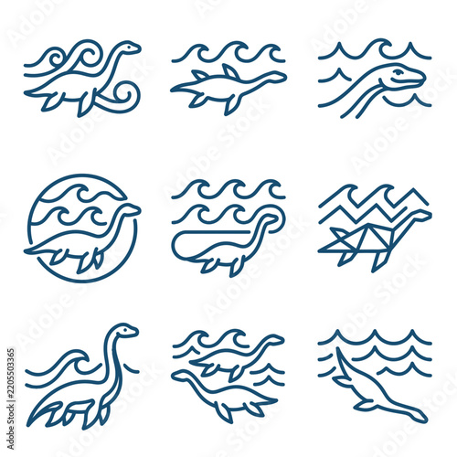 Mythical aquatic creature simple line art icons and symbols collection