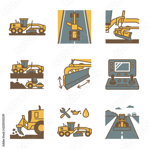 Road grader construction vehicle icons and illustrations