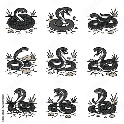 Set of black cobra snake illustrations in various poses