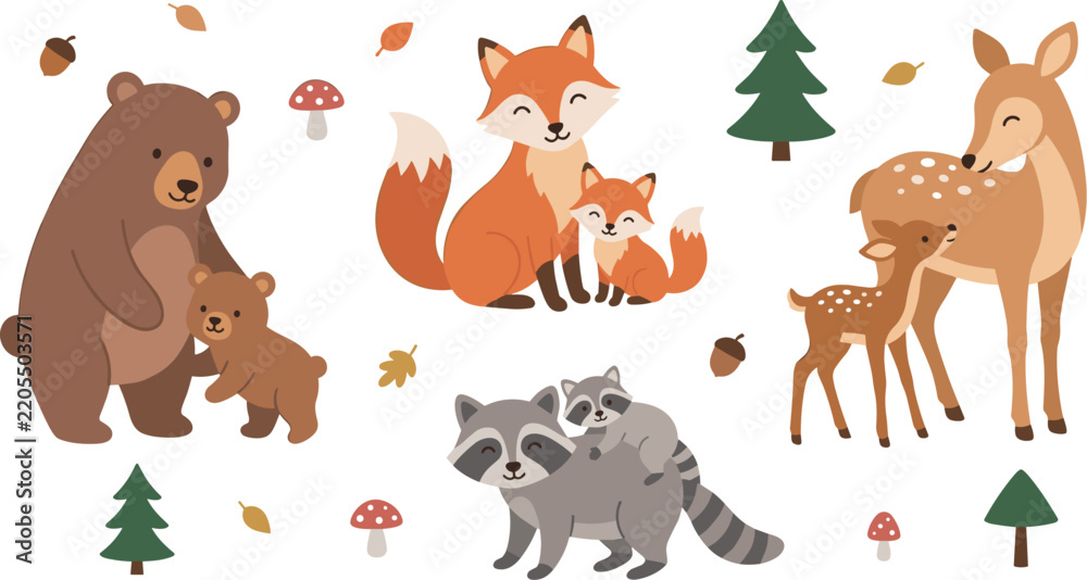 Obraz premium Cute Woodland Animals Mother and Baby Vector Character Set Featuring Bears Foxes Raccoons and Deer with Forest Trees and Mushroom Icons for Kids Designs