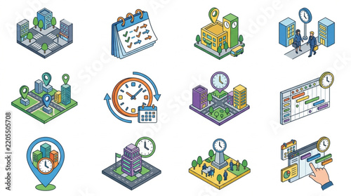 Clean Isometric Set of Time Themed Icons Showing Clocks Buildings Schedules and Digital Devices in Bright Colors