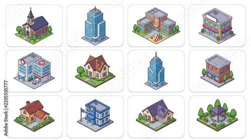 Clean Pixel Art Isometric Buildings Collection Featuring Diverse Architectural Styles in Bright Colors