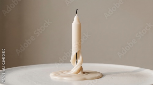 Candle with melted wax sits on a round ceramic dish over a neutral surface.