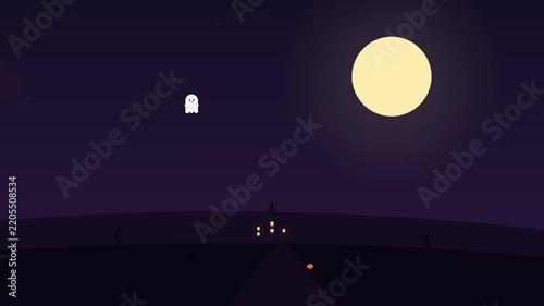 Minimalist Halloween Night Scene with Floating Ghost and Full Moon