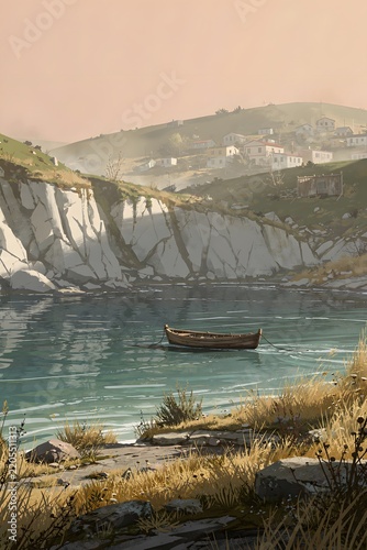 Serene Wooden Boat in a Quiet Coastal Cove with White Cliffs