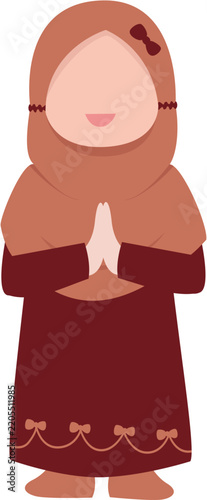 Young Muslim Girl Wearing Hijab Offering Greetings with Hands Clasped in Prayer, Islamic Cultural Illustration