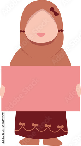 Muslim Girl Wearing Hijab Holding Blank Pink Signboard for Text and Messages, Islamic Culture Representation, Educational Graphics