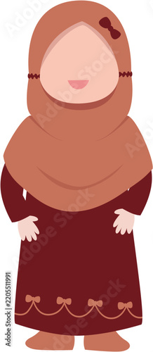 Muslim Girl Wearing Hijab and Modest Dress with Decorative Bows, Flat Illustration Style
