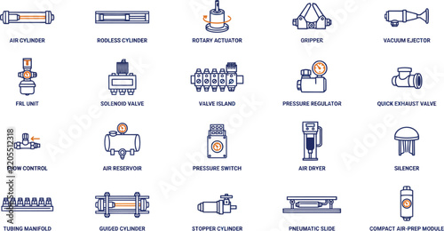Pneumatic industrial equipment icons for automation systems on transparent background.