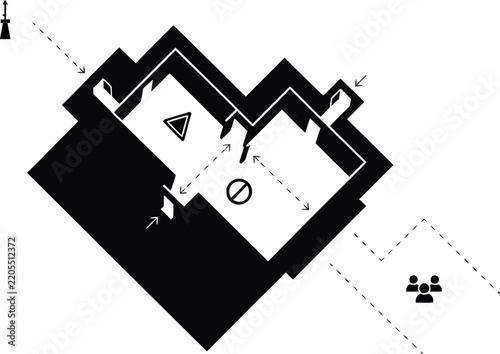 Maze with entrance and exit, group of people symbols for teamwork strategy exploration.
