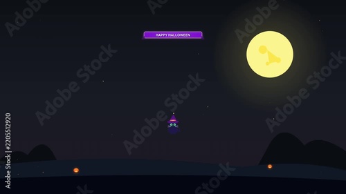 Cute Halloween Scene with Floating Witch Cat and Full Moon