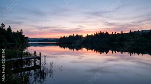 Wooden dock on a calm lake during a colorful purple and pink sunset with purple sky