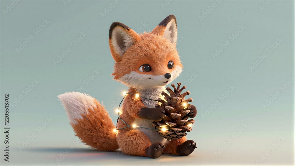 Obraz premium Cute fox holds glowing pinecone, warm lights wrap its fur in cozy winter scene.