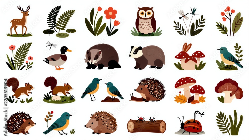Obraz premium Cute forest animals and plants in a colorful, cartoon-style illustration.