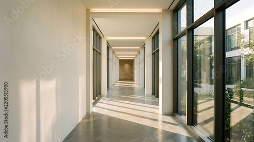 Modern building hallway with floor to ceiling and polished concrete floor