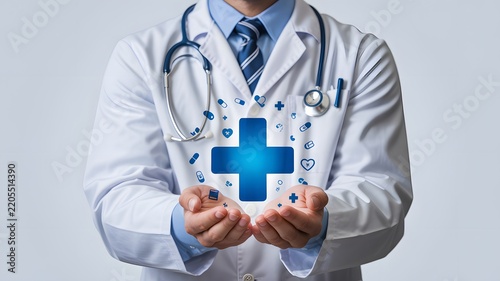 Doctor holding a glowing blue cross symbol of healthcare and medical care