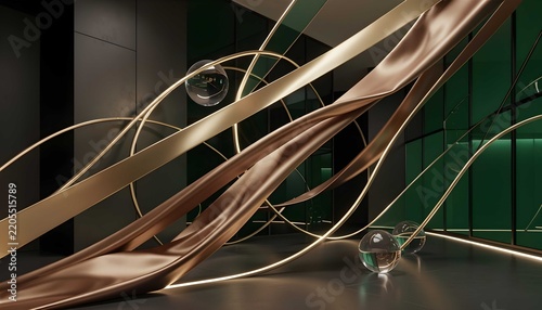 Luxurious modern interior with golden 3D architectural curves