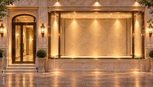 Elegant luxury storefront with illuminated empty display window