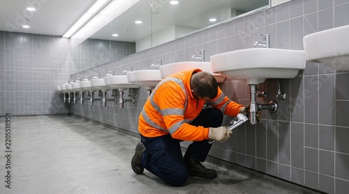 Professional plumber fixing sink plumbing in a commercial restroom
