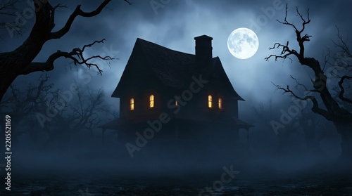 Haunted house silhouette in a dark misty forest under a bright full moon for a spooky scary halloween horror night
