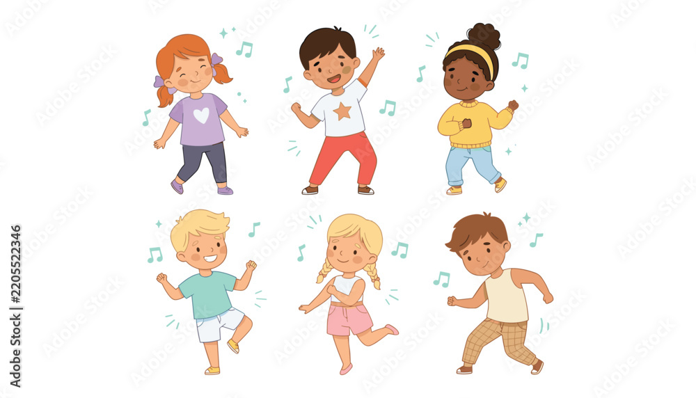 Fototapeta premium PrintHappy multiethnic children dancing and listening to music together isolated flat vector illustration collection set on white background