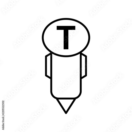 Minimalist black and white line icon of a map pin pointer with the letter T representing transit taxi or terminal location