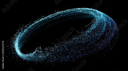 sleek digital particle ring with an open lower-left section, glowing particles escaping from the broken edge and forming a flowing curved trail