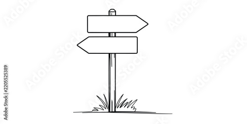 Simple wooden directional sign post with two empty arrows pointing in opposite directions hand drawn style