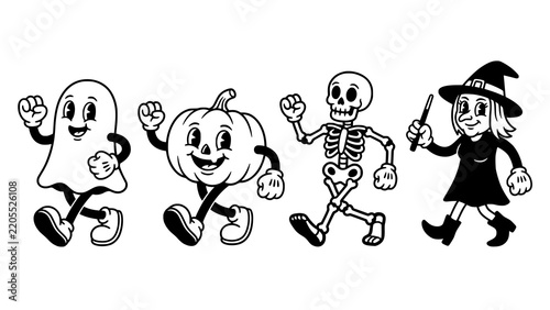 Retro rubber hose characters for halloween featuring ghost pumpkin skeleton and witch