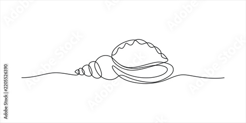 Continuous single line drawing of a sea shell isolated on a simple minimal style artistic graphic design
