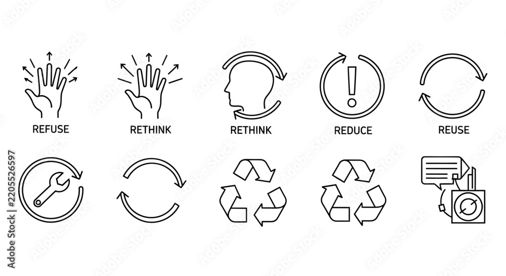 Obraz premium Set of environmental sustainability icons illustrating refuse, rethink, reduce, reuse, and recycle concepts.