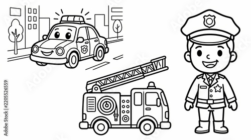 Cute Police Car and Fire Truck Coloring Page