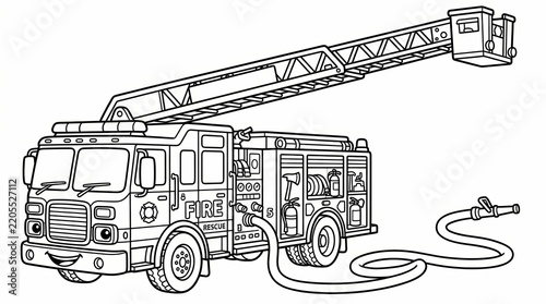 Detailed Fire Truck with Ladder Line Drawing