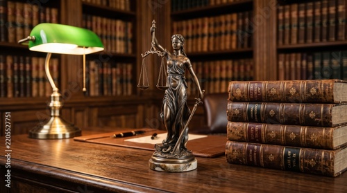 Lady Justice statue on wooden desk in law library. Brass lamp with green shade and stack of vintage leather books. Legal consultation and judicial system concept photo for attorneys