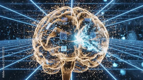 A digital human brain model glows with complex electronic circuits