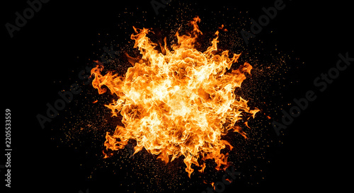 Abstract 3D blazing fire explosion and flame burst on a dark background
