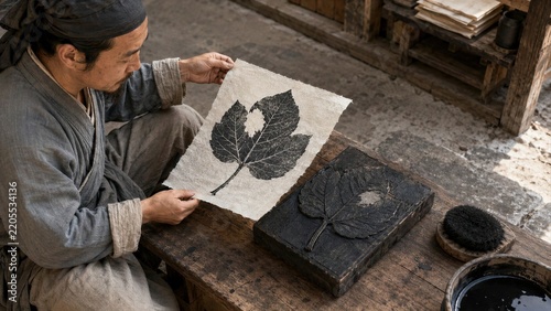 Artisan Examining a Leaf Print on Handmade Paper in a Workshop