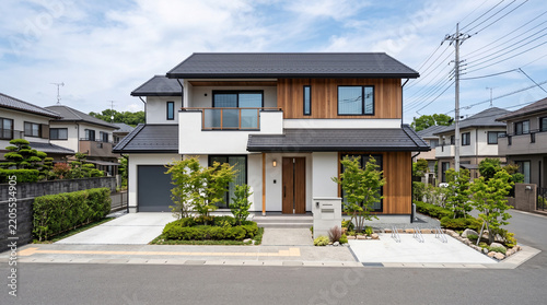 庭と木目外壁が印象的な現代的な日本の二階建て住宅
