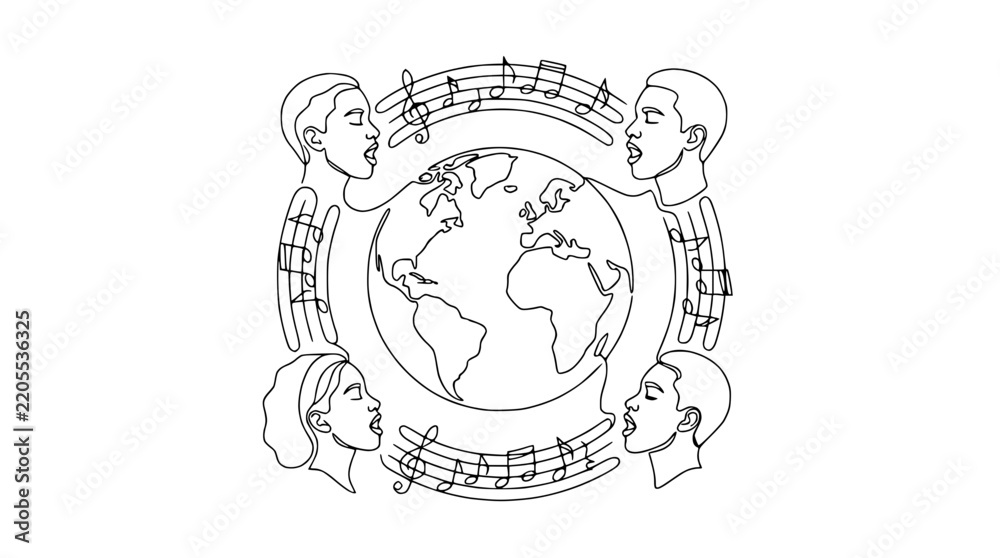Obraz premium Global Harmony: Diverse People Singing Around Earth with Music Notes