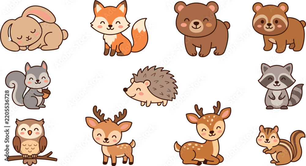 Fototapeta premium Cute Woodland Animal Illustration Set with Sleeping Rabbit, Fox, Bears, Squirrel, Hedgehog, Raccoon, Owl, Deer, and Forest Characters