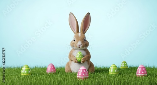 Cute Easter Bunny with Colorful Eggs on Grass.