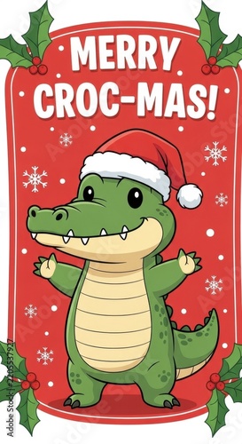 Cute Crocodile Wearing Santa Hat for Christmas Greeting.