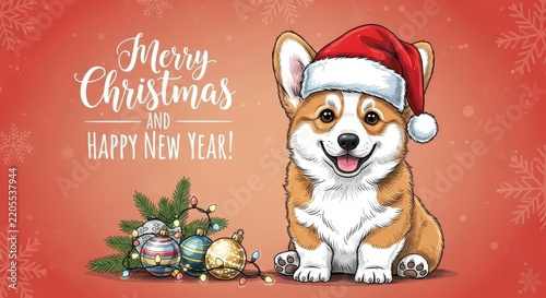 Cute Corgi Dog in Santa Hat with Christmas Decorations.