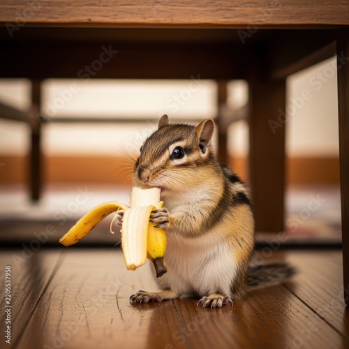 Cute chipmunk eating a banana on wooden table.