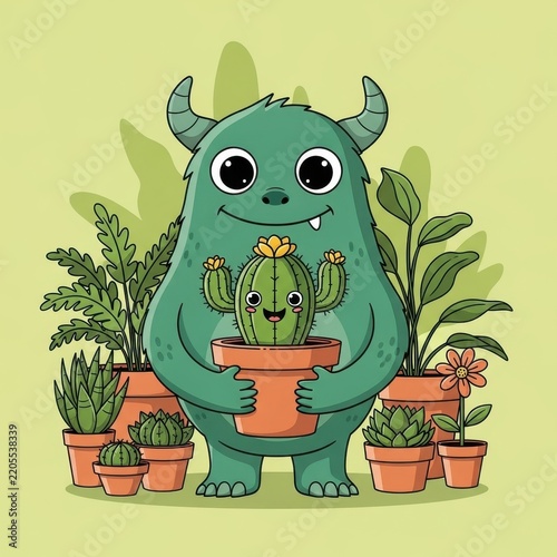 Cute Green Monster Holding Potted Cactus with Plants Around.
