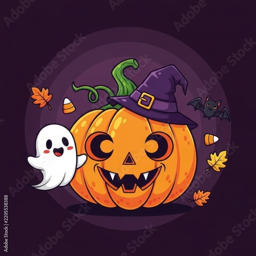 Cute Halloween Pumpkin Ghost Witch Hat Illustration.
