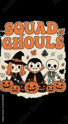 Cute Halloween Squad Ghouls Illustration with Pumpkins.